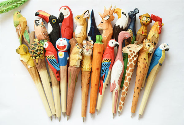 ANTEVIA – Lot de 5 stylos à bille rigolo pour enfant en forme d'animaux |  PLUS DE 30 MODÈLES DE STYLOS | Encre : bleue |Matière: Bois | Mécanisme